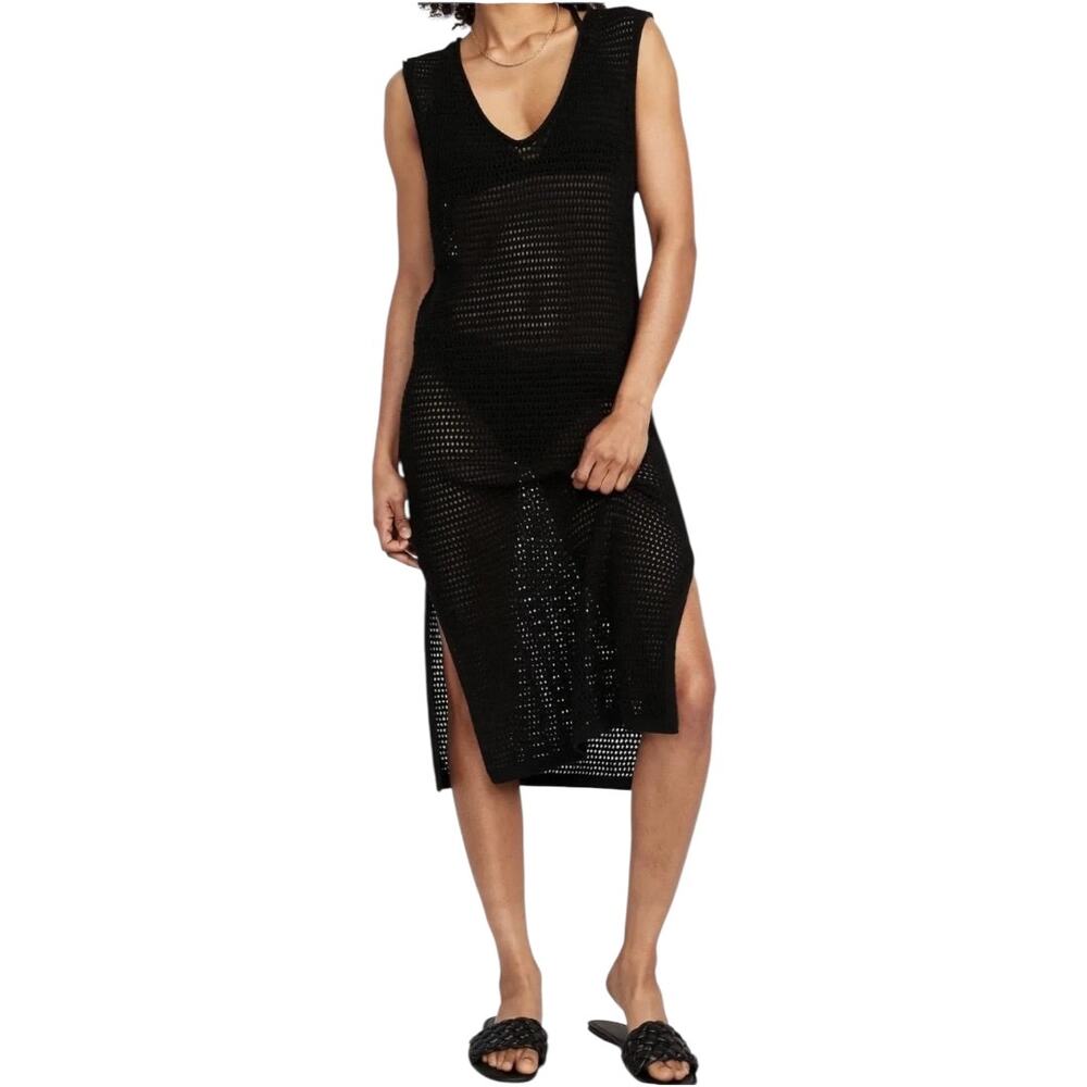 Old Navy Hollow Out Cover-Up Midi Dress Crochet Fitted Sleeveless Black XS
